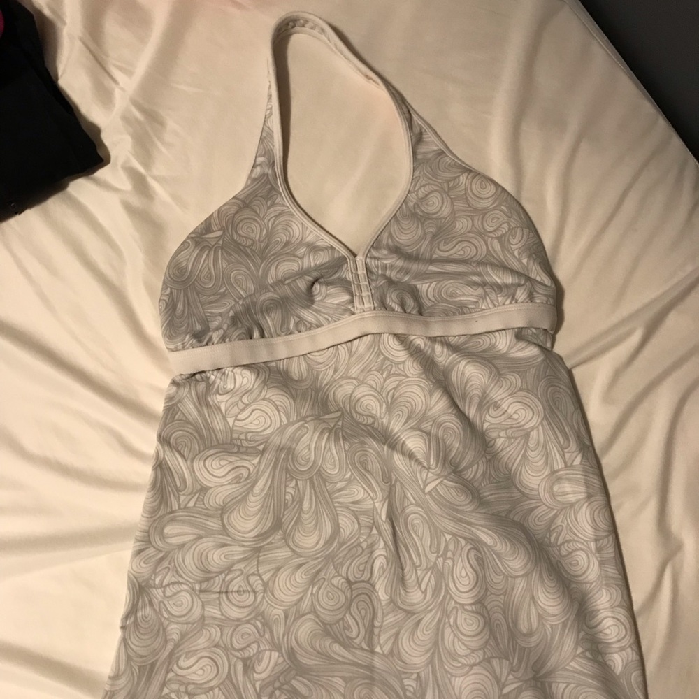 White and gray Lululemon halter top.